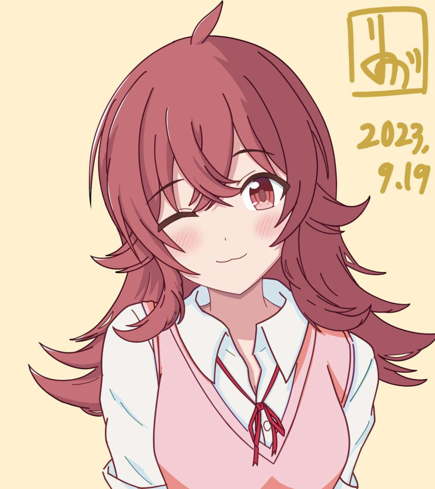 1girl, :3, ahoge, blush, breasts, commentary_request, dated, hair_between_eyes