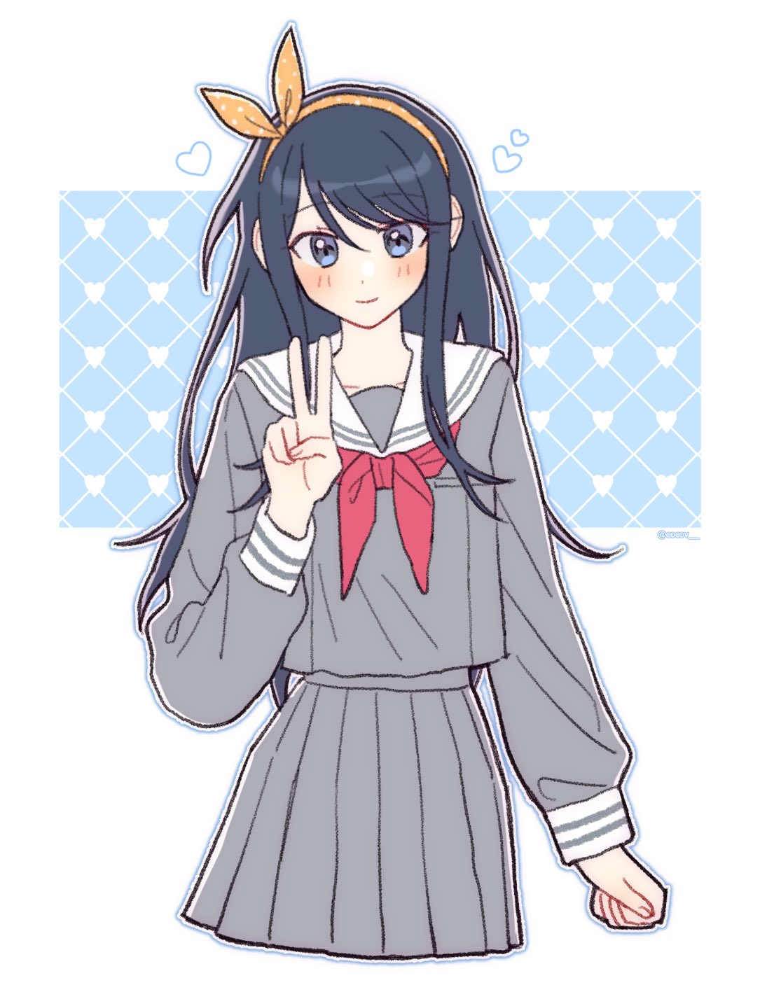 1girl, black_hair, blue_eyes, blush, clenched_hand, closed_mouth, cocov, commentary