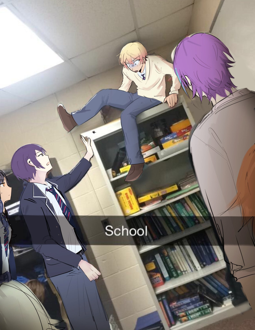 2girls, 4boys, aoyagi_touya, back, belt, blazer, blonde_hair, blue_hair, bookshelf, breasts, brown_footwear, bug, closed_mouth, comedy, commentary, dark_blue_hair, diagonal-striped_necktie, english_commentary, english_text, gradient_hair, highres, indoors, jacket, juicelooped, kamishiro_rui, kamiyama_high_school_uniform_(project_sekai), kusanagi_nene, lapels, long_sleeves, looking_at_another, multicolored_hair, multiple_boys, multiple_girls, notched_lapels, open_clothes, open_jacket, orange_eyes, orange_hair, project_sekai, purple_hair, scared, school_uniform, shinonome_akito, shiraishi_an, short_hair, snapchat, spider, sweater, tenma_tsukasa, two-tone_hair, yellow_sweater