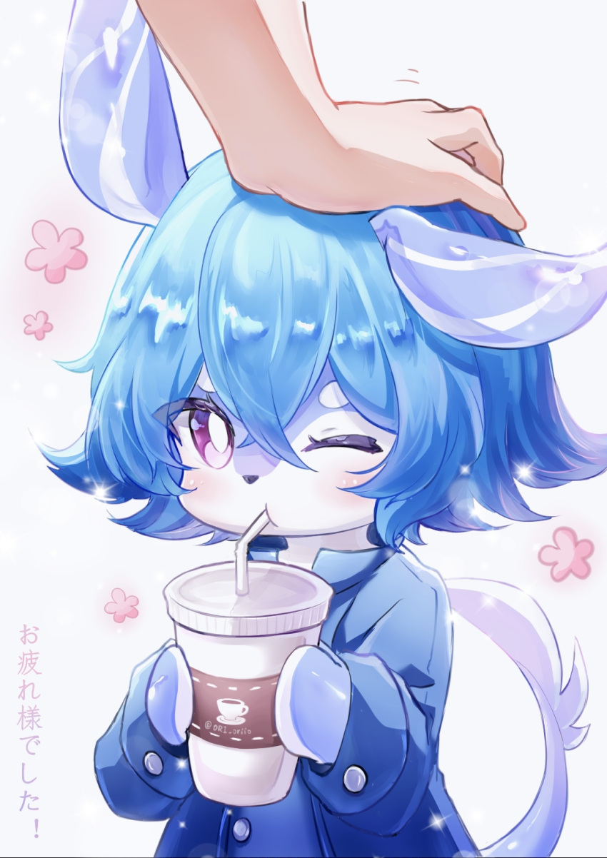 1girl, ambiguous_gender, animal_ears, blue_hair, blue_shirt, crossed_bangs, cup, disposable_cup, drink, drinking_straw, furry, furry_female, genshin_impact, headpat, highres, holding, holding_drink, medium_hair, melusine_(genshin_impact), one_eye_closed, ori_oriio, shirt, violet_eyes