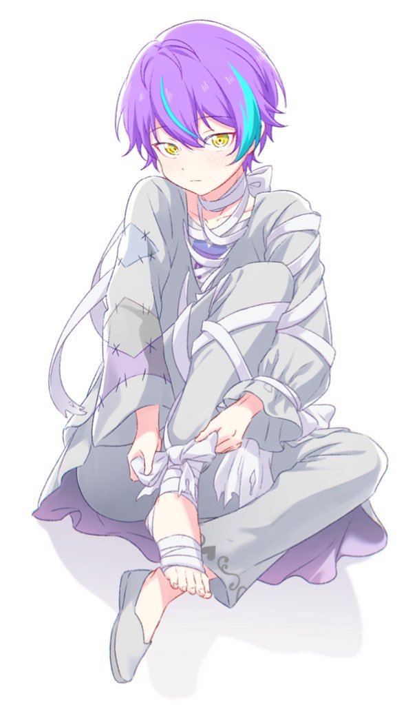 1boy, aged_down, bandaged_foot, bandages, blue_hair, bow, closed_mouth, commentary