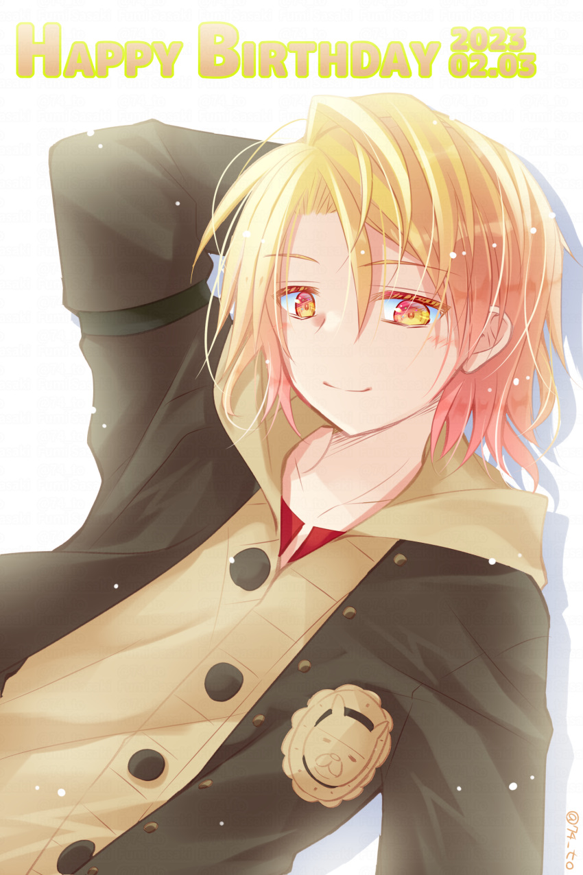 1boy, absurdres, amber_(fire_emblem), arm_behind_head, arm_up, black_jacket, blonde_hair, brown_jacket