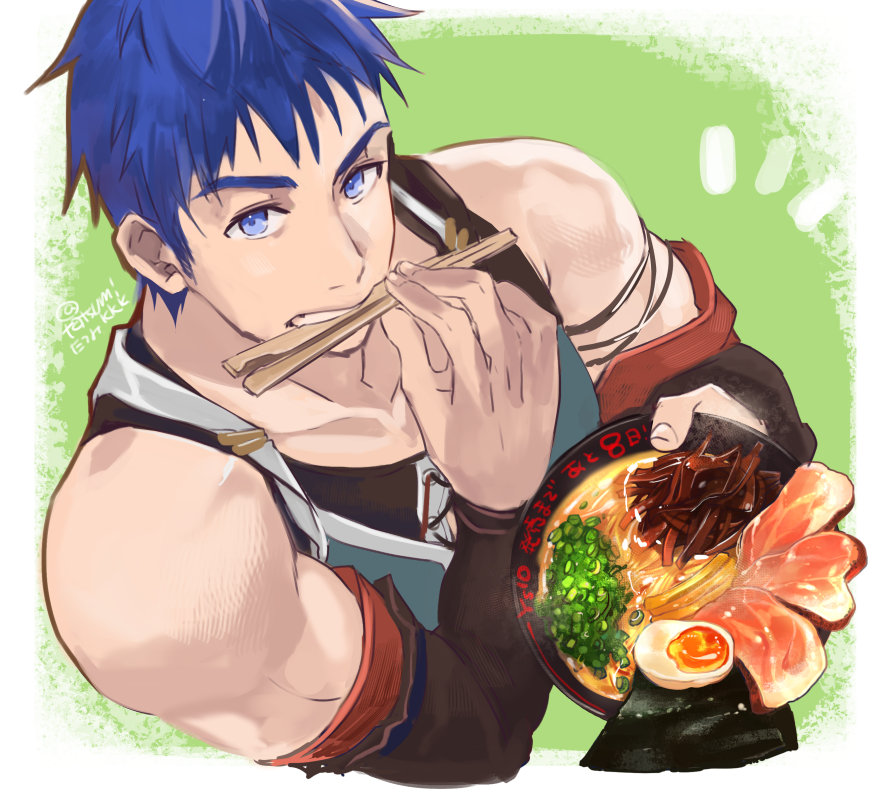1boy, bare_shoulders, blue_eyes, blue_hair, chopsticks, chopsticks_in_mouth, detached_sleeves, dogi_(ys)