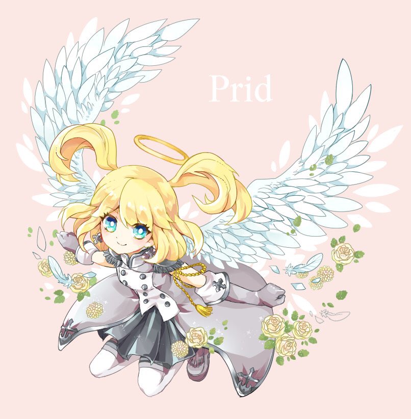 1girl, angel_wings, black_skirt, blonde_hair, blue_eyes, brown_background, brown_footwear, character_name