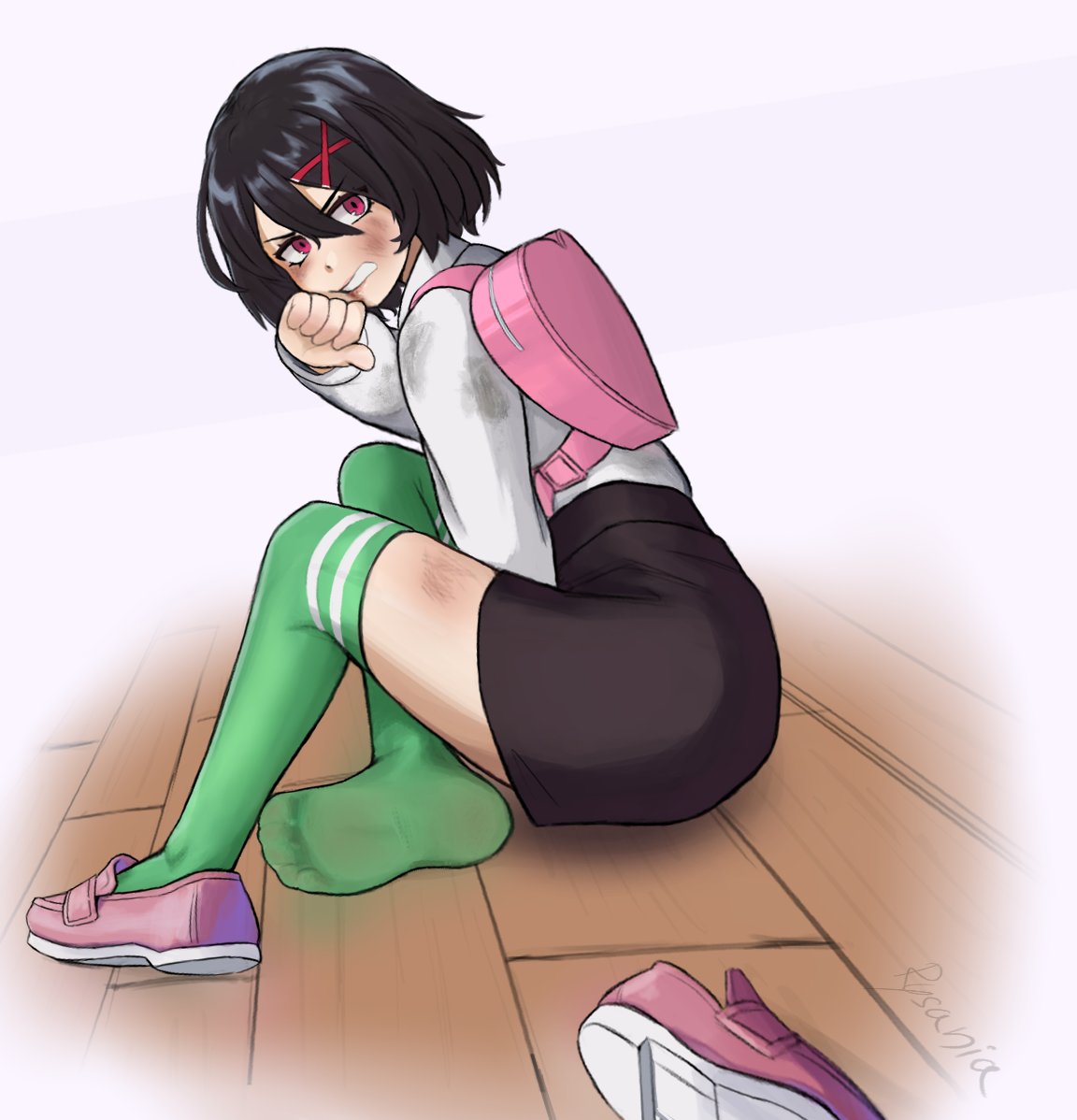 1girl, angry, bruise, bruise_on_face, dirty, dirty_clothes, feet, full_body