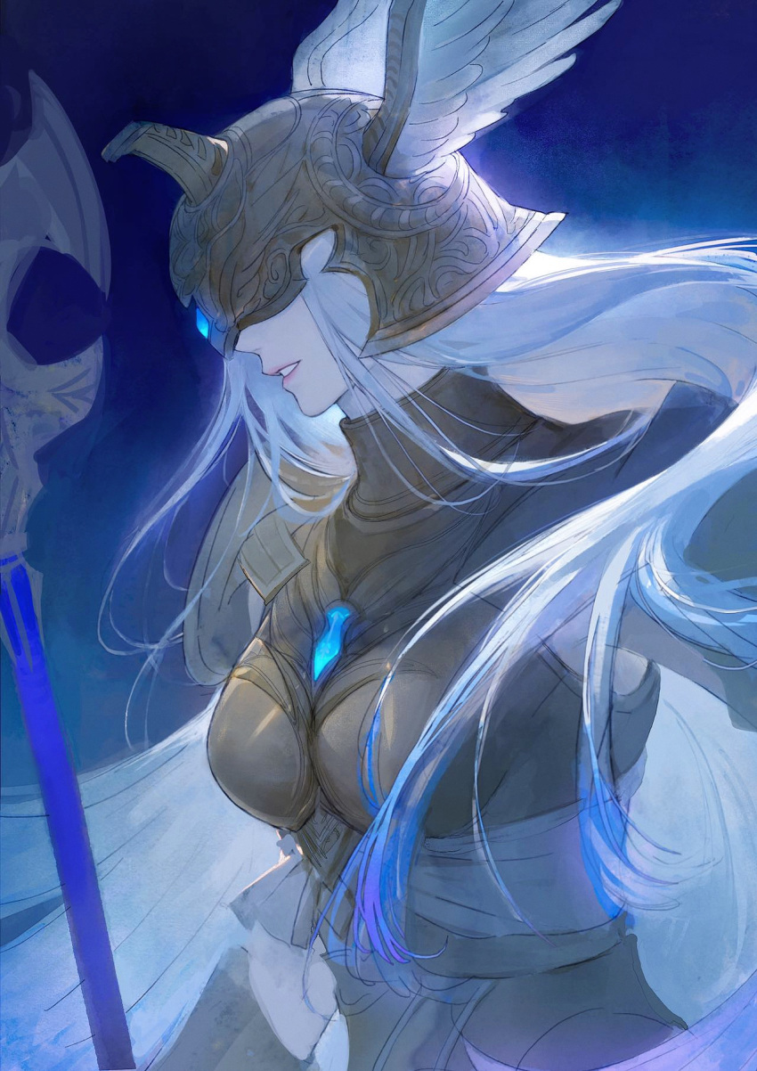 1girl, armor, blue_background, blue_hair, boobplate, colored_tips, covered_eyes, final_fantasy, final_fantasy_xiv, floating_hair, from_side, halberd, halone_(ff14), helmet, helmet_over_eyes, highres, laoyepo, long_hair, multicolored_hair, parted_lips, pauldrons, polearm, profile, shoulder_armor, smile, solo, upper_body, weapon, white_hair, winged_helmet