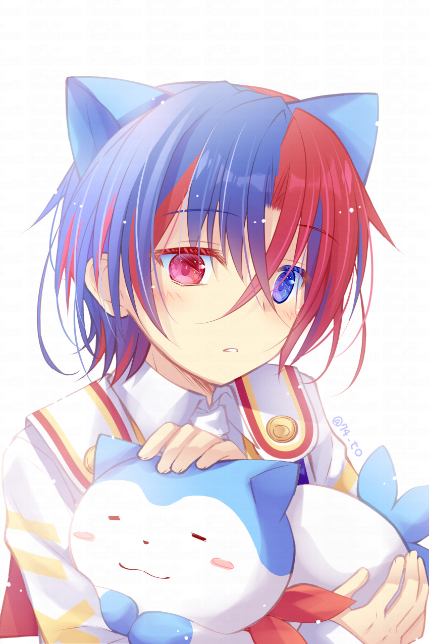 1boy, absurdres, alear_(fire_emblem), alear_(male)_(fire_emblem), animal_ears, blue_eyes, blue_hair, blush, collared_shirt, fire_emblem, fire_emblem_engage, hair_between_eyes, heterochromia, highres, kemonomimi_mode, long_sleeves, male_focus, multicolored_hair, parted_lips, red_eyes, redhead, sasaki_fumi, shirt, simple_background, sleeves_past_wrists, solo, twitter_username, two-tone_hair, upper_body, watermark, white_background, white_shirt