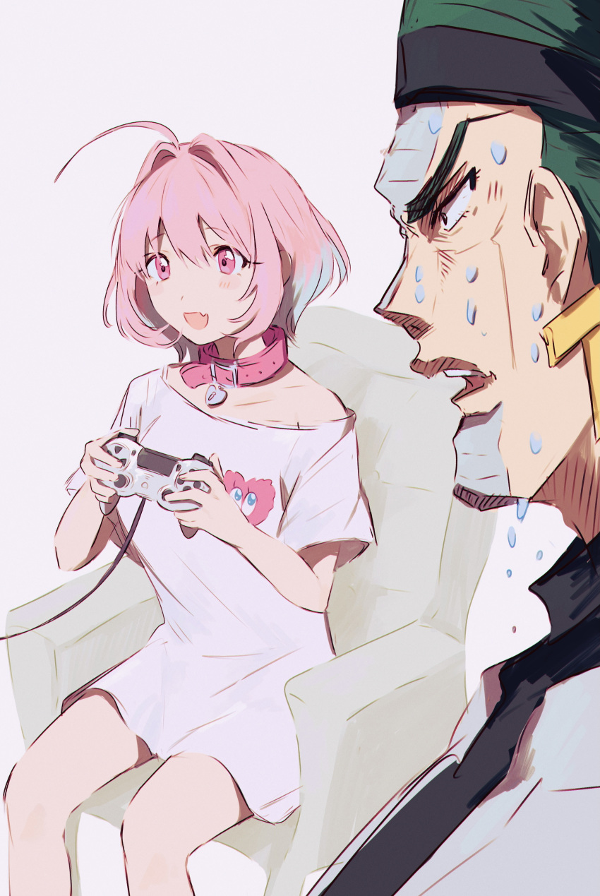 1boy, 1girl, absurdres, ahoge, armored_core_grip, belt_collar, collar, controller