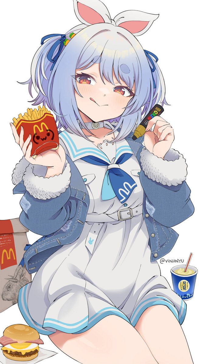 1girl, :q, animal_ears, bag, belt, blue_hair, blue_jacket, blue_neckerchief