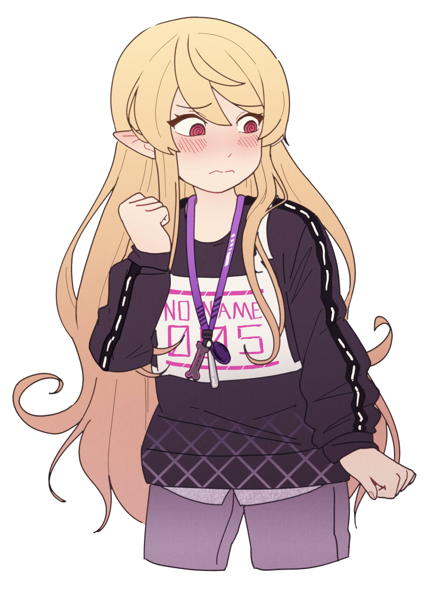 1girl, @_@, absurdres, blonde_hair, blush, clenched_hand, cosplay, cropped_legs, elf, embarrassed, highres, lanyard, long_hair, long_sleeves, nijisanji, nijisanji_en, pants, pointy_ears, pomu_rainpuff, red_eyes, samsyrup, selen_tatsuki, selen_tatsuki_(1st_costume), selen_tatsuki_(cosplay), shirt, simple_background, solo, virtual_youtuber, white_background