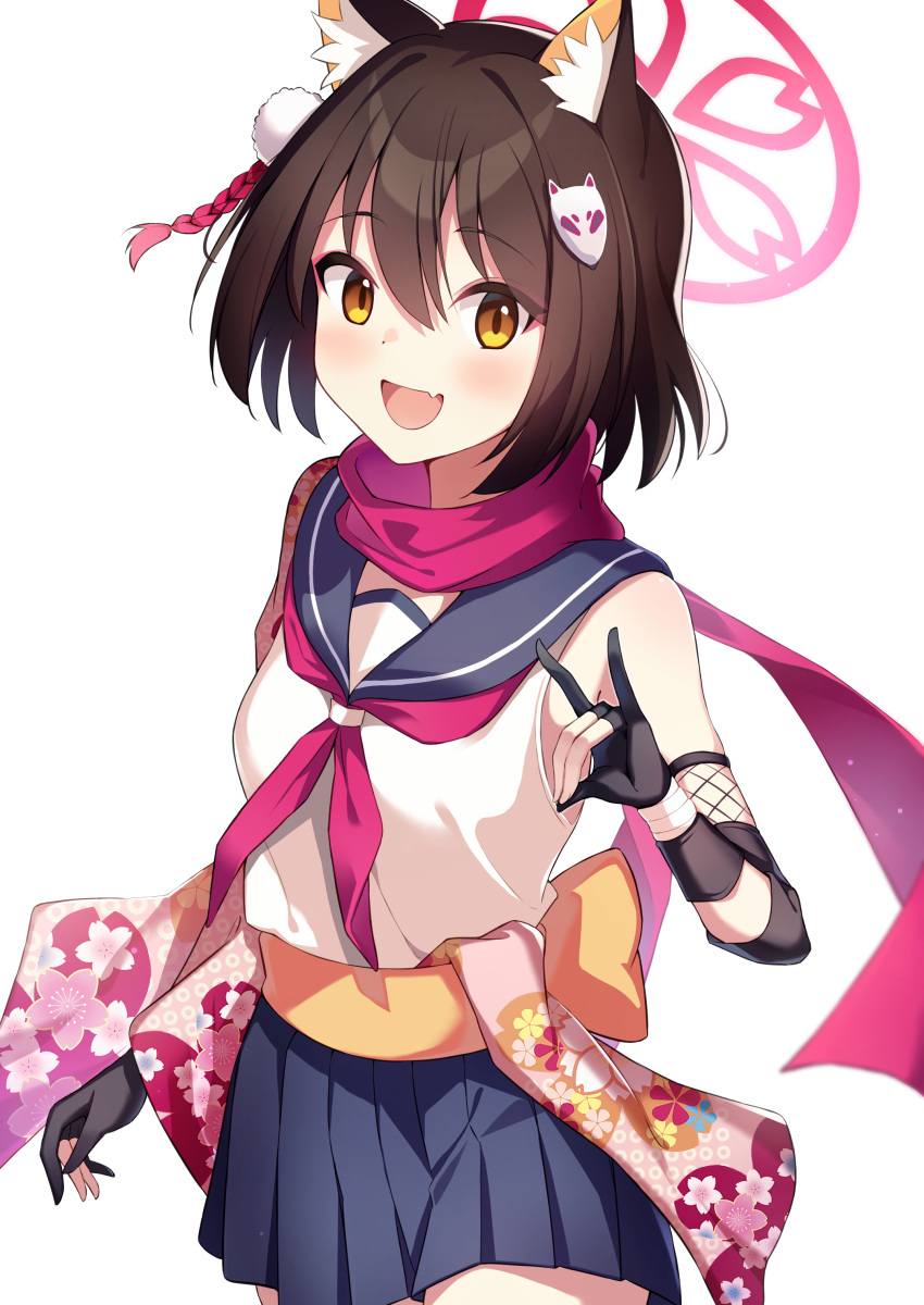 1girl, :d, absurdres, animal_ears, azunyan, bare_shoulders, black_gloves, blue_archive