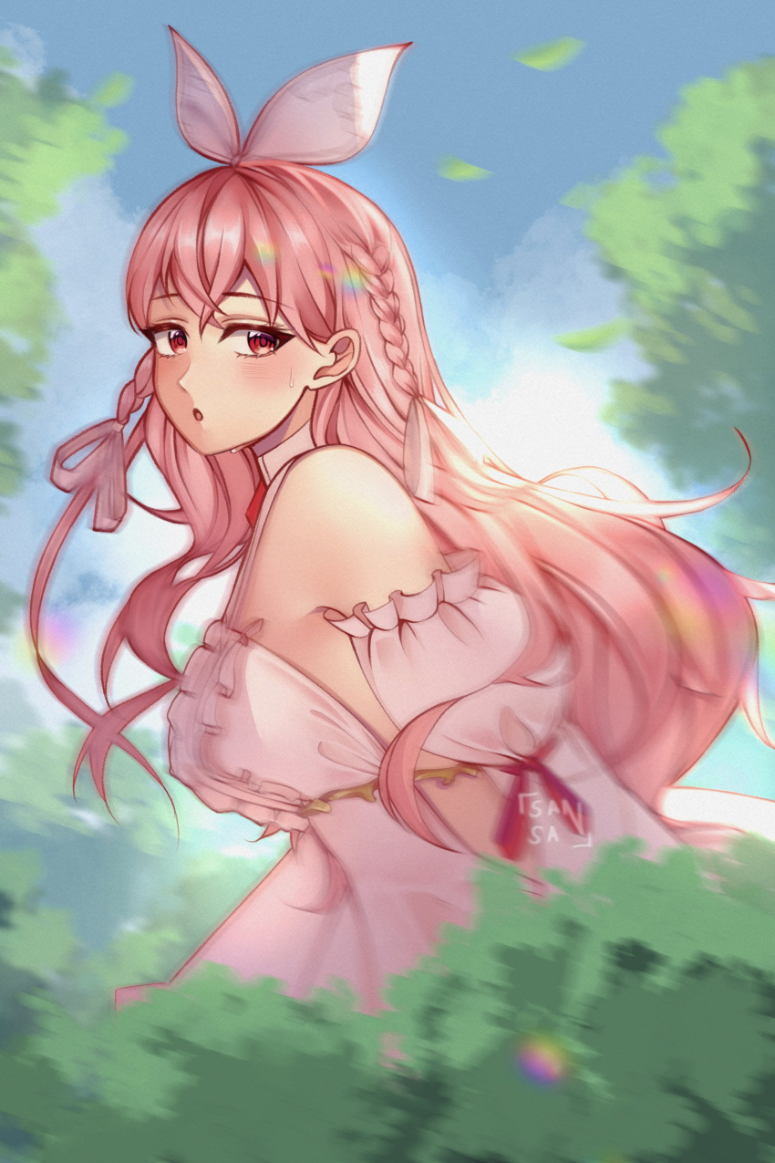 absurdres, braid, bush, chiisaisan, copyright_request, dress, frills, highres, motion_blur, pink_hair, pinku_(vtuber), red_eyes, ribbon, running, twin_braids, virtual_youtuber, white_dress, white_ribbon