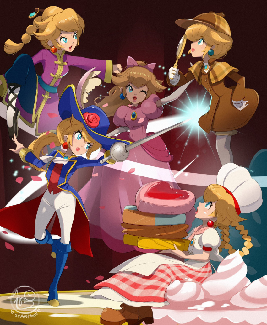 4girls, apron, ascot, blonde_hair, blue_eyes, blue_footwear, blue_jacket, boots, bow, brooch, brown_coat, brown_footwear, brown_headwear, chef_hat, chinese_clothes, coat, deerstalker, detective_peach, dress, earrings, elbow_gloves, flower, food, gloves, hair_bow, hat, hat_feather, hat_flower, highres, holding, holding_food, holding_magnifying_glass, holding_sword, holding_weapon, jacket, jewelry, kung_fu_master_peach, long_hair, magnifying_glass, multiple_girls, multiple_persona, official_alternate_costume, one_eye_closed, open_clothes, open_jacket, pants, pastry_chef_peach, petals, pink_bow, pink_dress, princess_peach, princess_peach:_showtime!, puffy_short_sleeves, puffy_sleeves, rapier, red_flower, red_rose, red_vest, rose, short_sleeves, sphere_earrings, startboii, super_mario_bros., sword, swordfighter_peach, vest, weapon, white_apron, white_ascot, white_gloves, white_pants