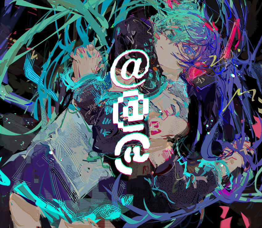 1girl, @_(symbol), absurdly_long_hair, alternate_hair_length, alternate_hairstyle, aqua_eyes, aqua_hair, black_background