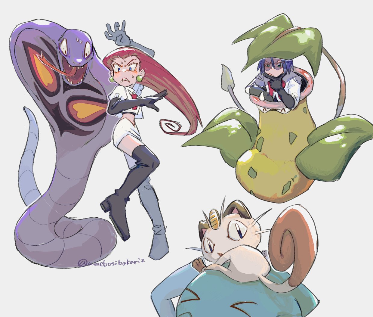 >_<, 1boy, 1girl, ^_^, arbok, blue_eyes, blue_hair, boots