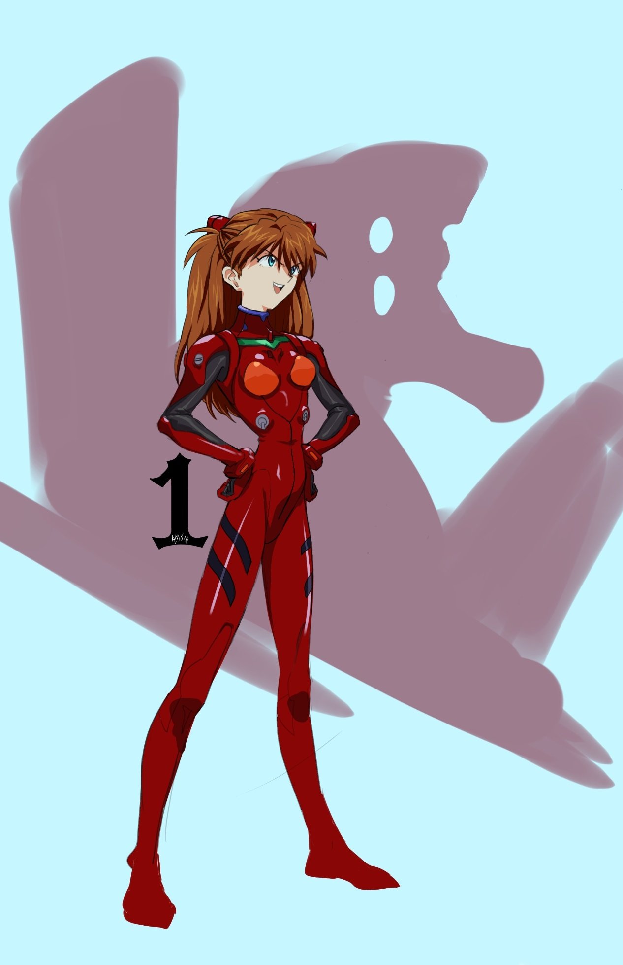 1girl, amondetauro, blue_background, blue_eyes, bodysuit, breasts, eva_02, full_body