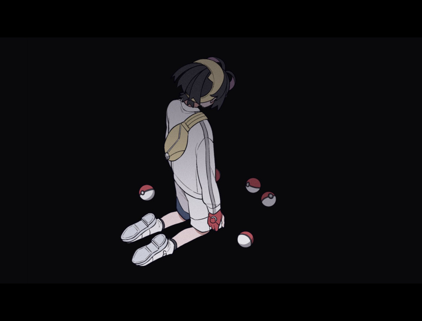 1boy, backpack, bag, black_background, black_hair, commentary_request, gloves, hairband, highres, jacket, kashima_momoki, kieran_(pokemon), kneeling, long_sleeves, male_focus, poke_ball, poke_ball_(basic), pokemon, pokemon_(game), pokemon_sv, red_gloves, shoes, short_hair, shorts, simple_background, socks, solo, white_footwear, white_jacket, white_shorts, yellow_bag, yellow_hairband