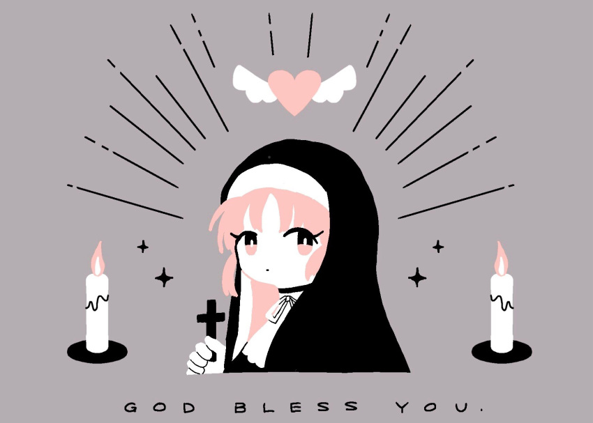 1girl, candle, commentary, cropped_torso, cross, dot_mouth, english_commentary, english_text, habit, hand_up, highres, holding, holding_cross, latin_cross, limited_palette, looking_at_viewer, neck_ribbon, nichi_(83nichi), nijisanji, no_lineart, nun, pink_eyes, pink_hair, ribbon, single_flame, sister_cleaire, sister_cleaire_(1st_costume), solo, sparkle, traditional_nun, virtual_youtuber, white_ribbon, winged_heart