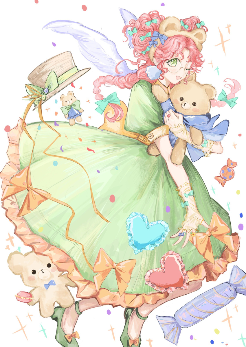 1girl, ;d, absurdres, angel_wings, animal_ears, ankle_strap, arm_warmers, back_bow