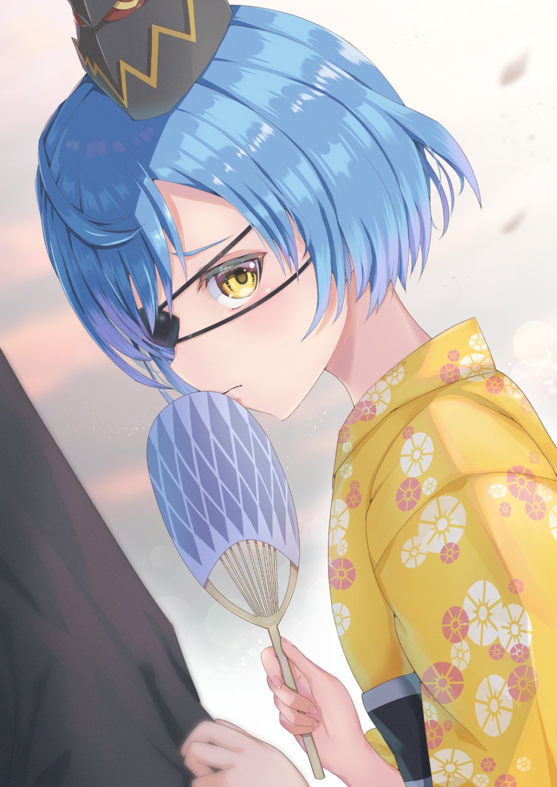 1boy, 1girl, black_headwear, blue_hair, blush, cagasyo, closed_mouth, commentary_request