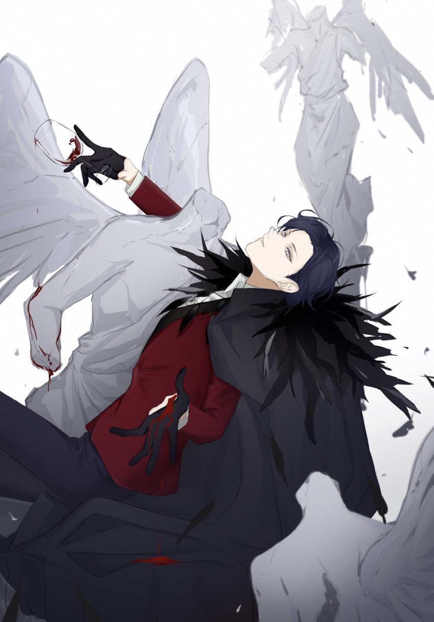 1boy, a3!, alcohol, angel_statue, black_cape, black_gloves, black_pants, blue_eyes