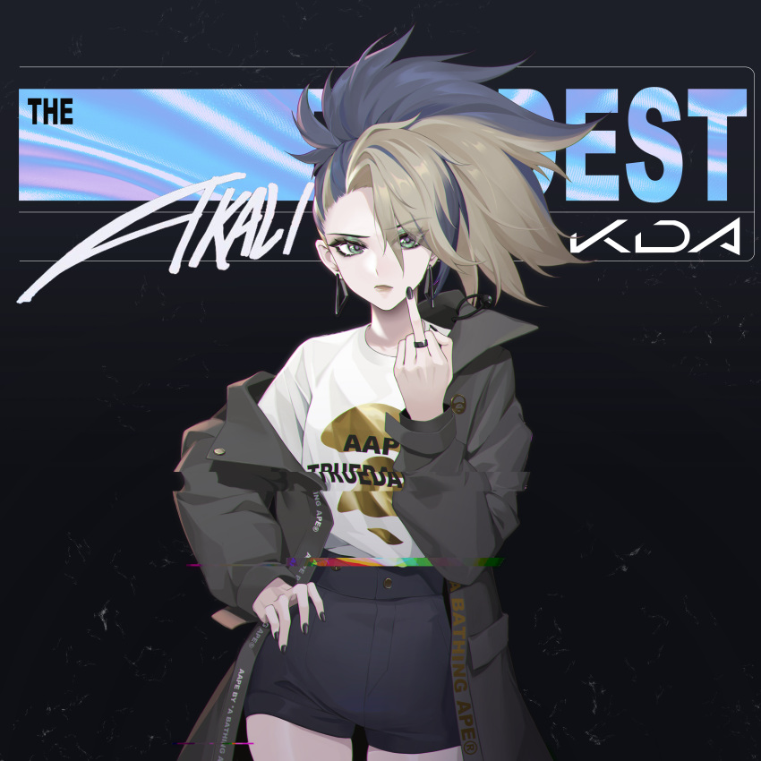 1girl, absurdres, akali, asami_okutoshioku, black_jacket, black_nails, black_shorts, closed_mouth