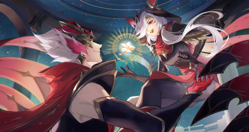 1boy, 1girl, absurdres, arcana_rakan, arcana_xayah, asami_okutoshioku, black_gloves, closed_mouth
