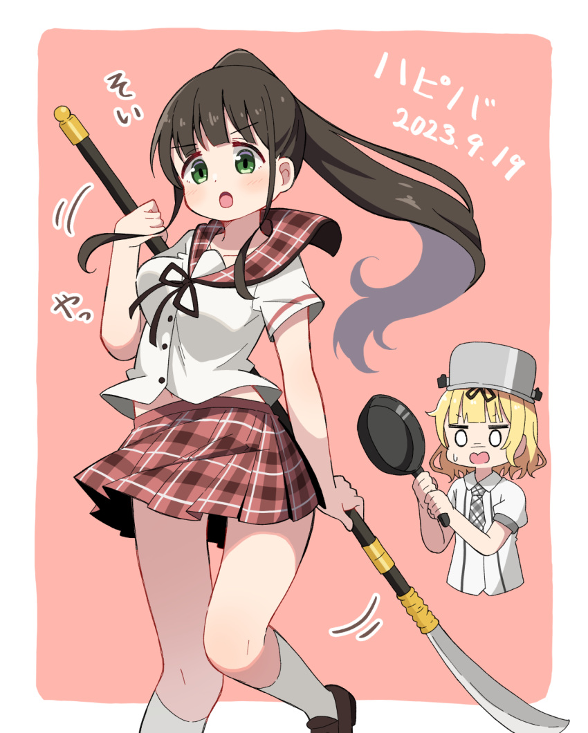 2girls, black_ribbon, blonde_hair, blouse, blunt_bangs, border, breasts, brown_footwear
