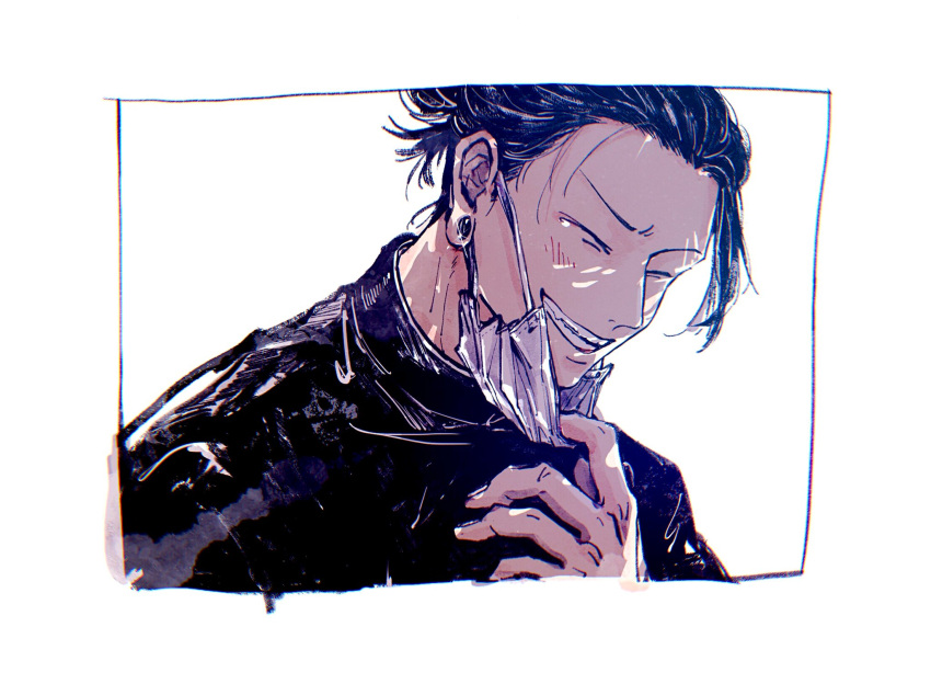 1boy, black_hair, black_jacket, closed_eyes, ear_piercing, getou_suguru, grin, hand_up