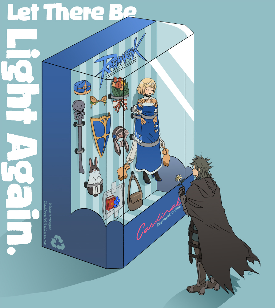 1boy, 1girl, arrow_(symbol), black_footwear, blonde_hair, blue_background, blue_dress, bonnet