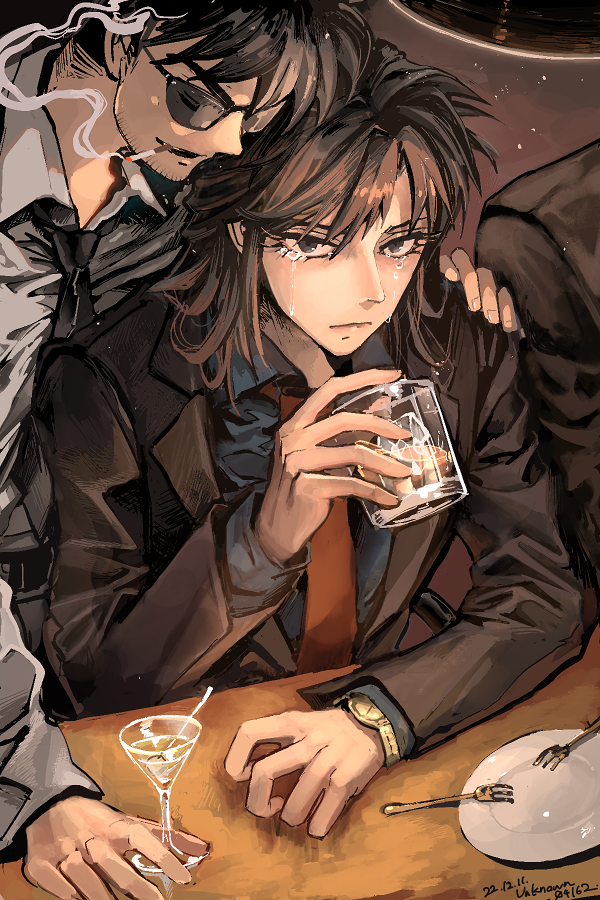 2boys, artist_name, ashida_(joukyou_seikatsuroku_ichijou), black_eyes, black_hair, black_jacket, black_necktie, blazer