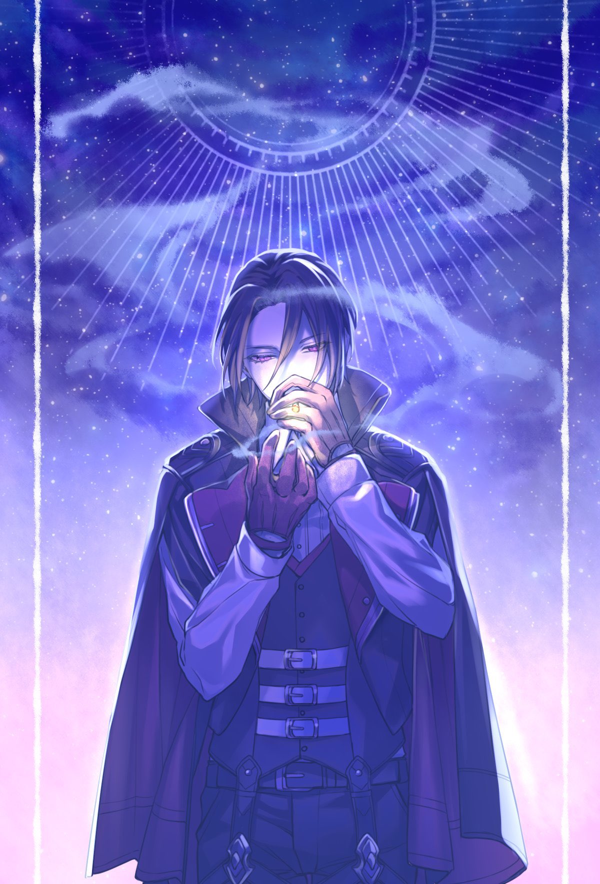 1boy, belt, belt_buckle, between_fingers, black_cloak, black_hair, black_pants, black_vest, buckle, cigarette, cloak, collared_shirt, covered_mouth, cowboy_shot, facing_viewer, gloves, gothitelle, gradient_background, hands_up, highres, holding, holding_cigarette, lapels, lollypopcandy8050, long_sleeves, male_focus, multiple_belts, pants, parted_bangs, personification, pokemon, purple_gloves, shirt, sky, smoke, smoking, solo, standing, star_(sky), starry_sky, sunburst, vest, violet_eyes, white_belt, white_shirt