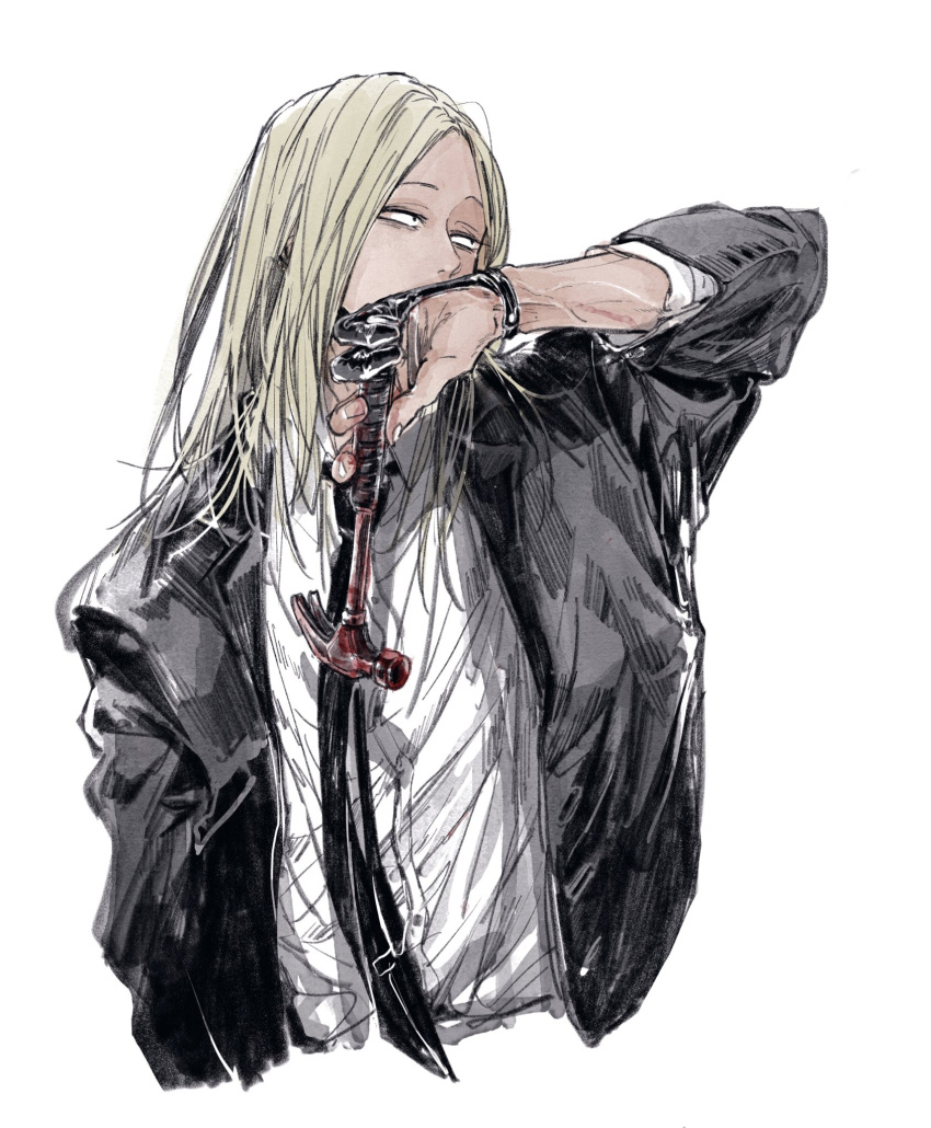 1boy, arm_up, black_eyes, black_gloves, black_jacket, black_necktie, blonde_hair, collared_shirt