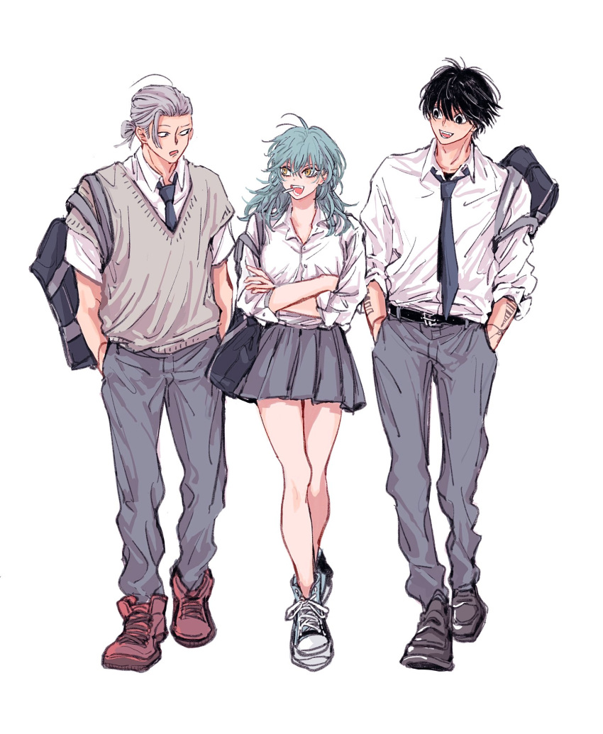 1girl, 2boys, akao_rion, arm_tattoo, bag, belt, black_belt, black_eyes