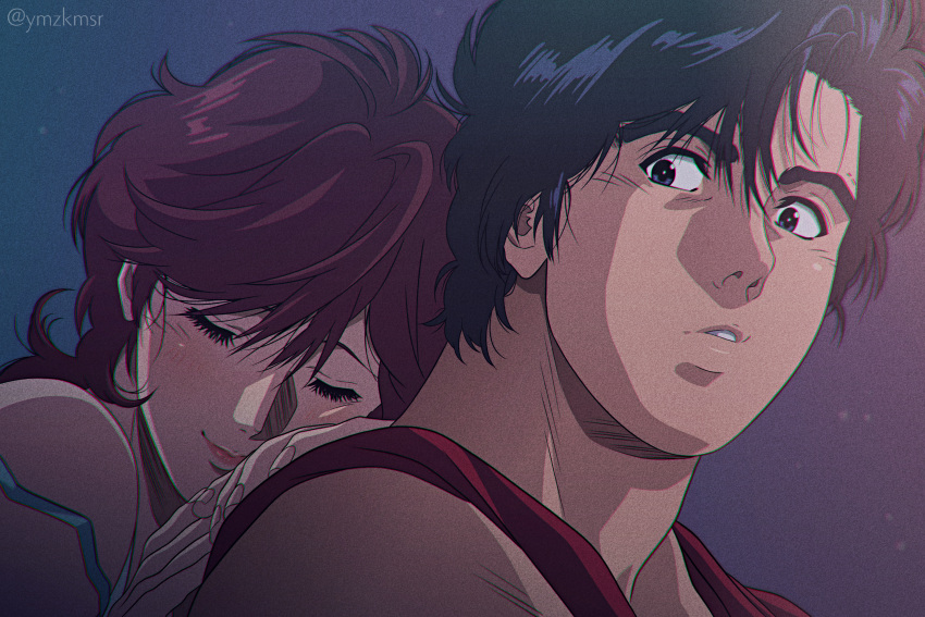 1boy, 1girl, absurdres, black_eyes, black_hair, brown_hair, city_hunter, closed_eyes