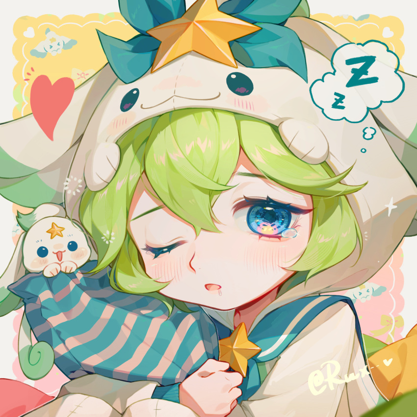1girl, absurdres, artist_name, blue_hair, blush, furrowed_brow, green_hair, hair_between_eyes