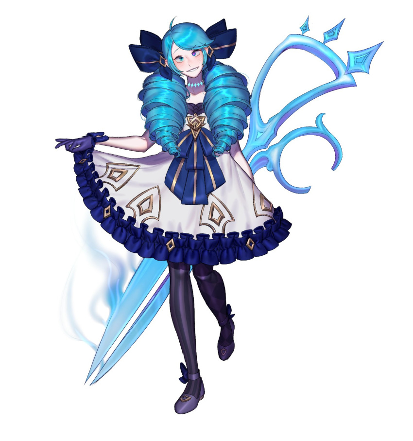 1girl, ahoge, asymmetrical_legwear, black_bow, blush, bow, breasts, collarbone, dress, drill_hair, frilled_dress, frills, full_body, gloves, glowing, green_eyes, green_hair, grey_dress, gwen_(league_of_legends), hair_bow, heterochromia, highres, holding, holding_scissors, league_of_legends, long_hair, looking_at_viewer, mismatched_legwear, myobi_(f0r_l0l), oversized_object, pantyhose, plaid, plaid_legwear, plaid_pantyhose, purple_gloves, scissors, simple_background, smile, solo, standing, standing_on_one_leg, striped, striped_pantyhose, symbol_in_eye, teeth, twin_drills, twintails, white_background