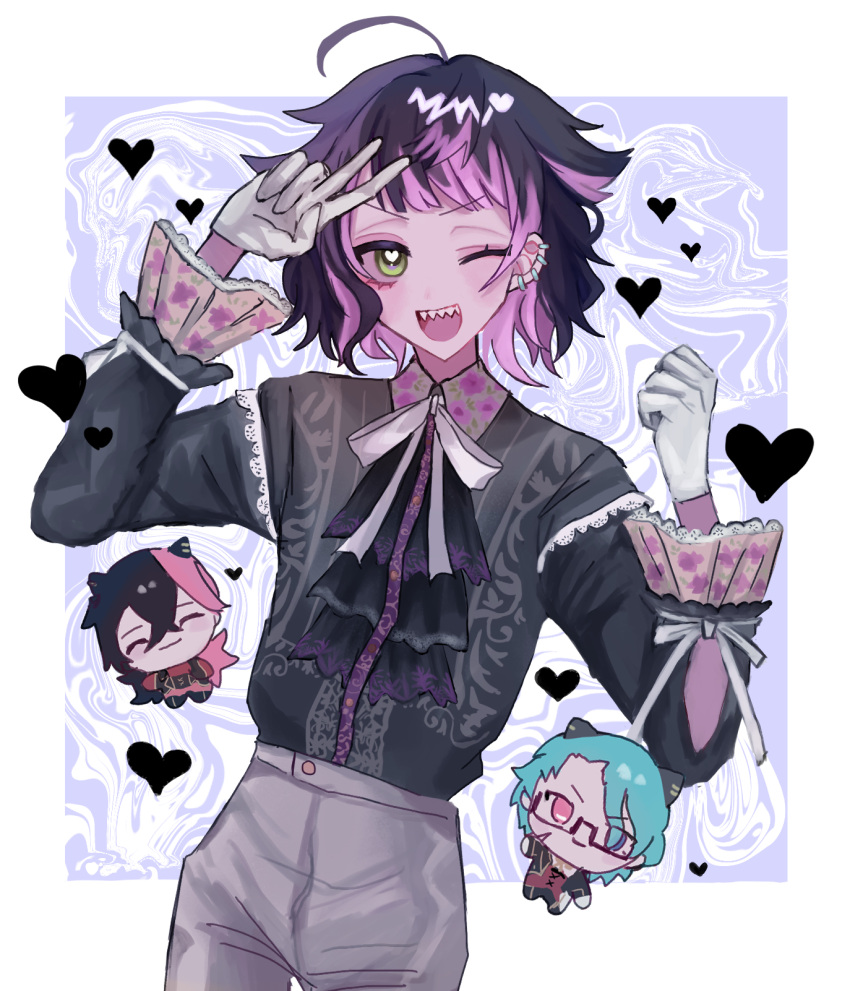 1boy, ahoge, akuma_shitsuji_to_kuroi_neko, black_hair, black_shirt, blush, border, character_doll