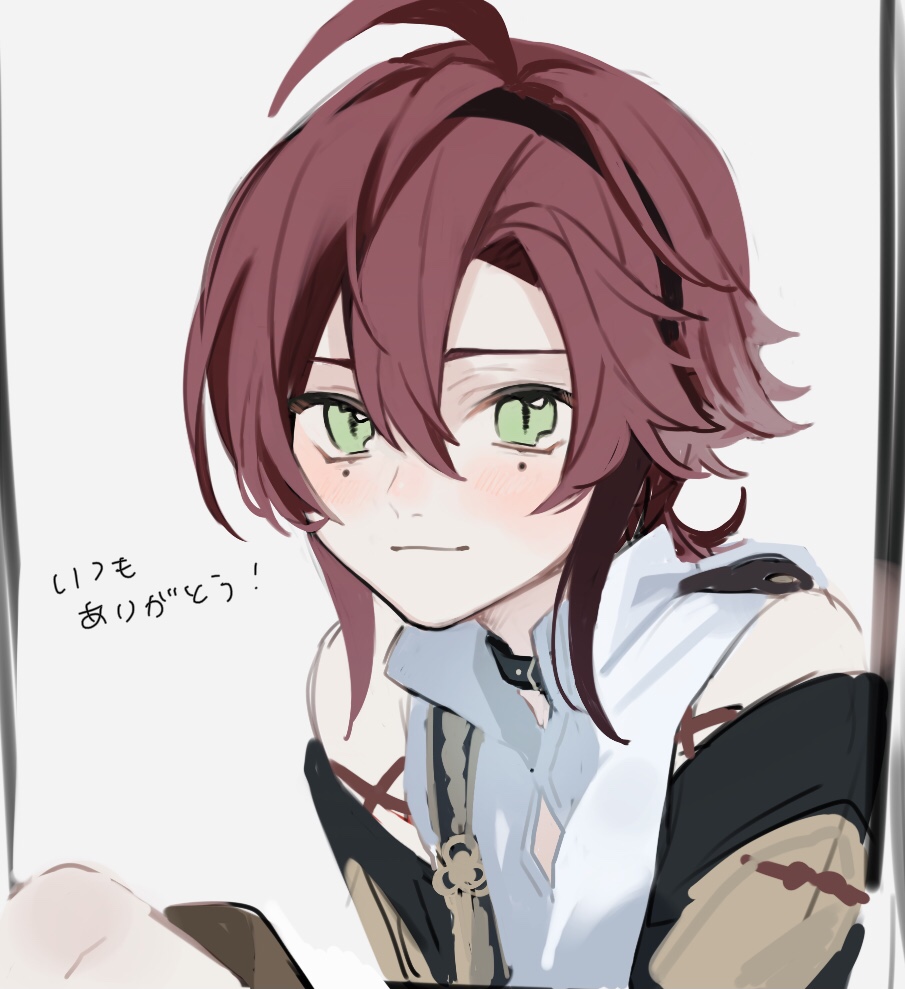 1boy, ahoge, armor, black_choker, blush, choker, closed_mouth, commentary_request