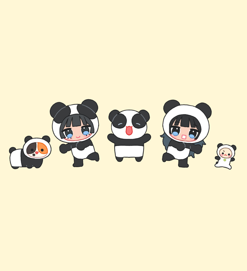 2girls, animal_ears, animal_hood, black_hair, blue_eyes, blunt_bangs, blush, blush_stickers