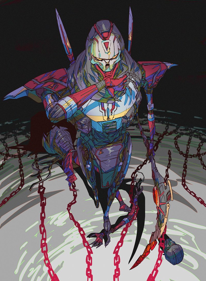 1boy, apex_legends, black_scarf, chain, classic_revenant, dead_man's_curve, from_above, holding