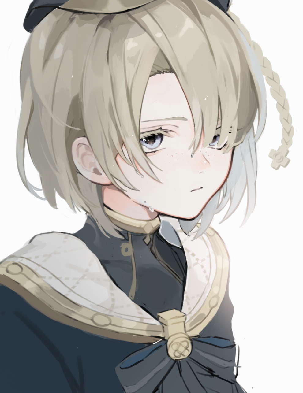 1boy, androgynous, asymmetrical_bangs, beret, blonde_hair, blue_eyes, closed_mouth, expressionless