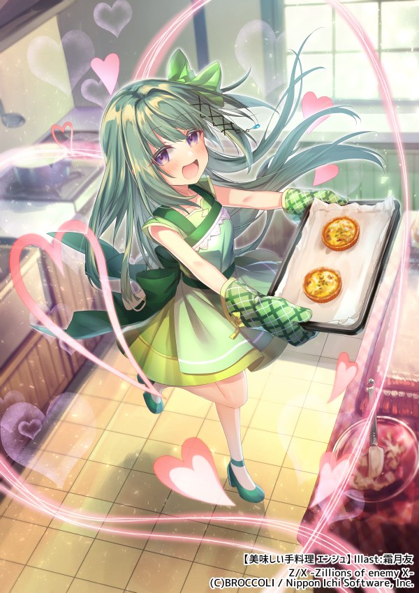 1girl, :d, ankle_strap, apron, baking, baking_sheet, blush, bow