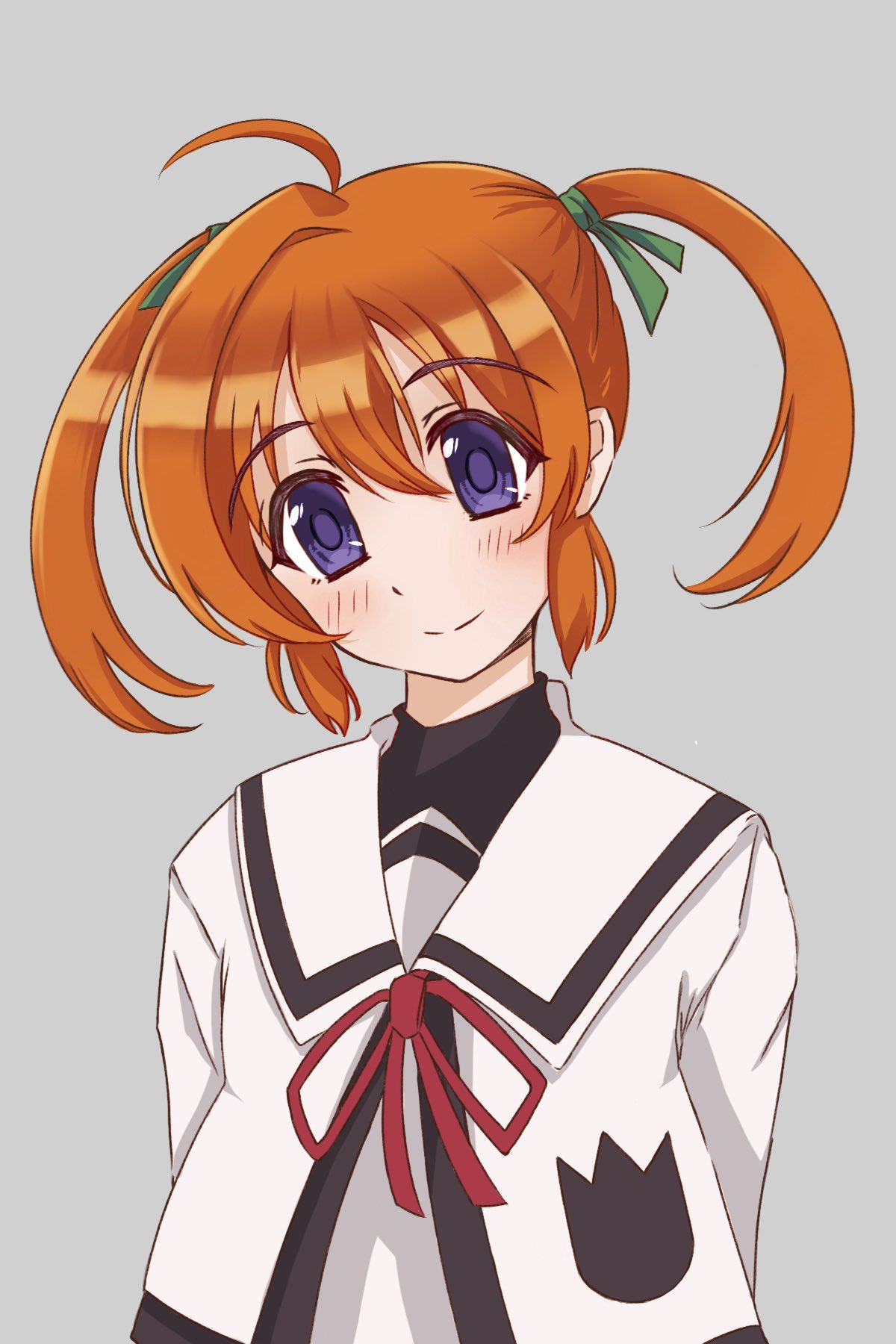 1girl, antenna_hair, arms_behind_back, black_shirt, blush, dress, green_ribbon, grey_background