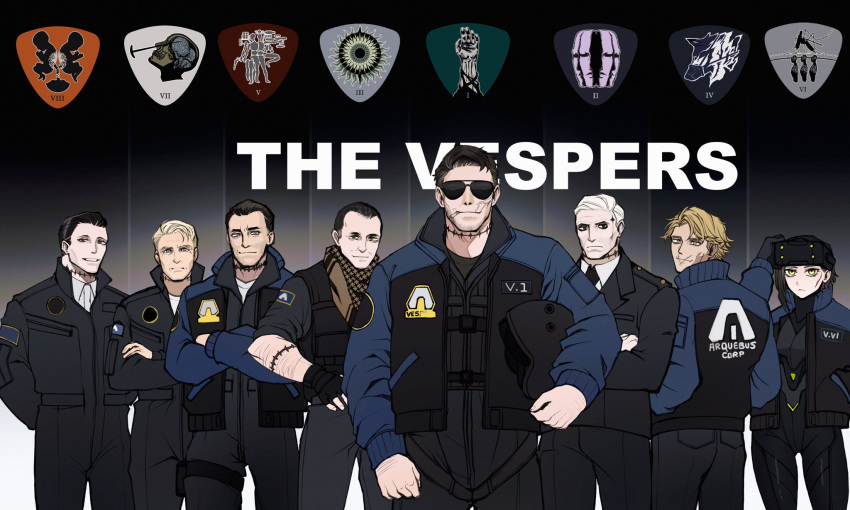 1girl, 6+boys, armored_core, armored_core_6, aviator_sunglasses, black_bodysuit, black_necktie, bodysuit, head-mounted_display, highres, keffiyeh, kyou_(ningiou), multiple_boys, necktie, scar, sunglasses, v.i_freud, v.ii_snail, v.iii_o'keeffe, v.iv_rusty, v.v_hawkins, v.vi_maeterlinck, v.vii_swinburne, v.viii_pater