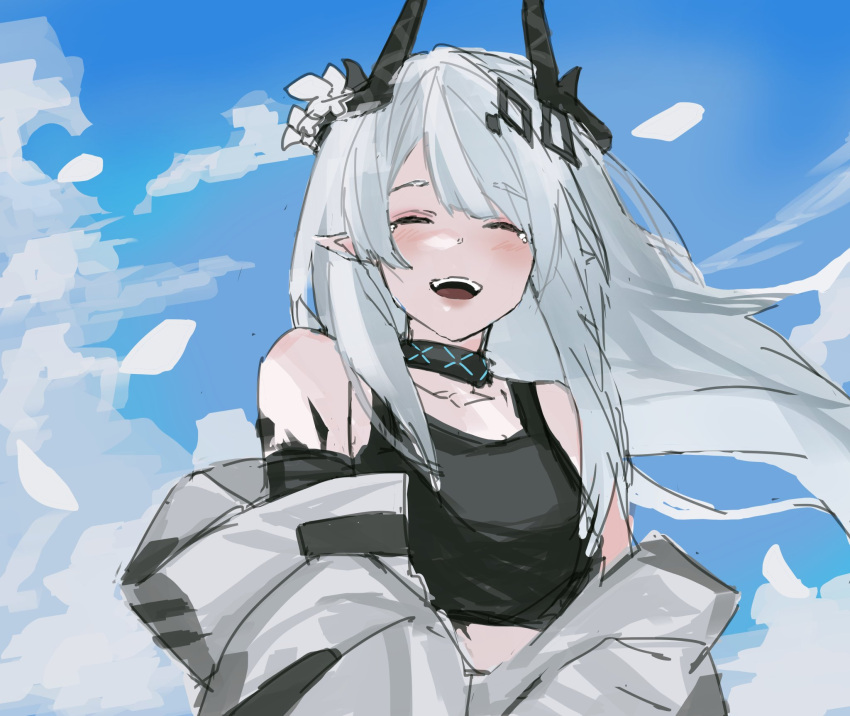 1girl, arknights, black_collar, black_tank_top, blue_sky, blush, closed_eyes, clouds