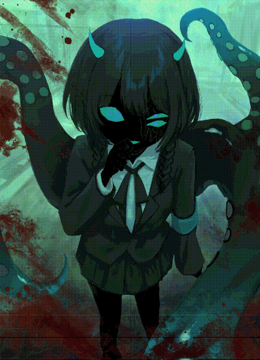 1girl, black_hair, black_skin, blood, colored_skin, demon_horns, hand_on_own_face, highres