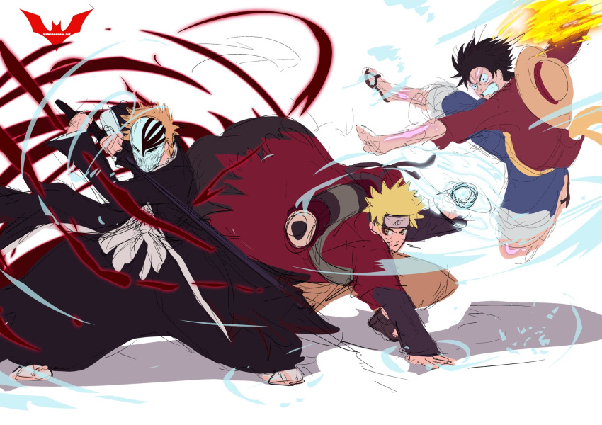 3boys, alternate_form, amphibian_eyes, artist_name, bankai, batm_andrew, battle, black_hair