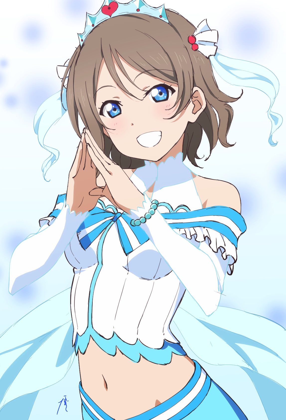 1girl, blue_hair, blush, breasts, brown_hair, crop_top, highres, love_live!