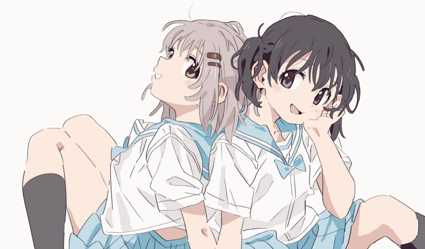 2girls, absurdres, back-to-back, black_hair, blue_skirt, bob_cut, bow, flask00